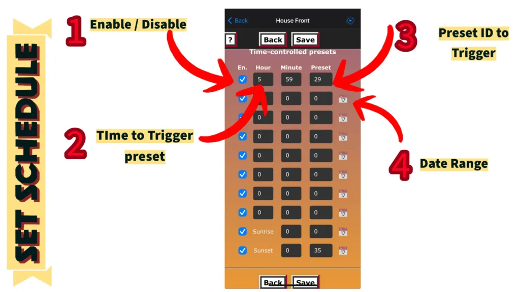 schedule presets for WLED bright home lights permanent holiday lights
