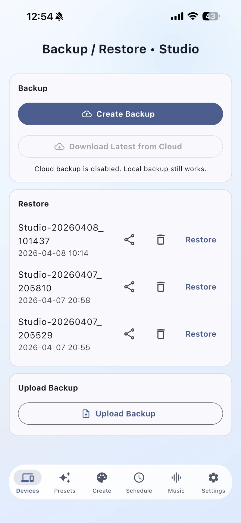 Backup & Restore Screen