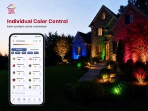BHL smart landscape lighting color control scene with phone app and RGBW lights illuminating a home exterior